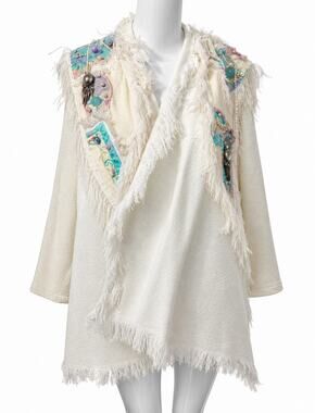 Crystal Cotton Patchwork Embellished Fringe Open Front Jacket Ivory Multicolor M